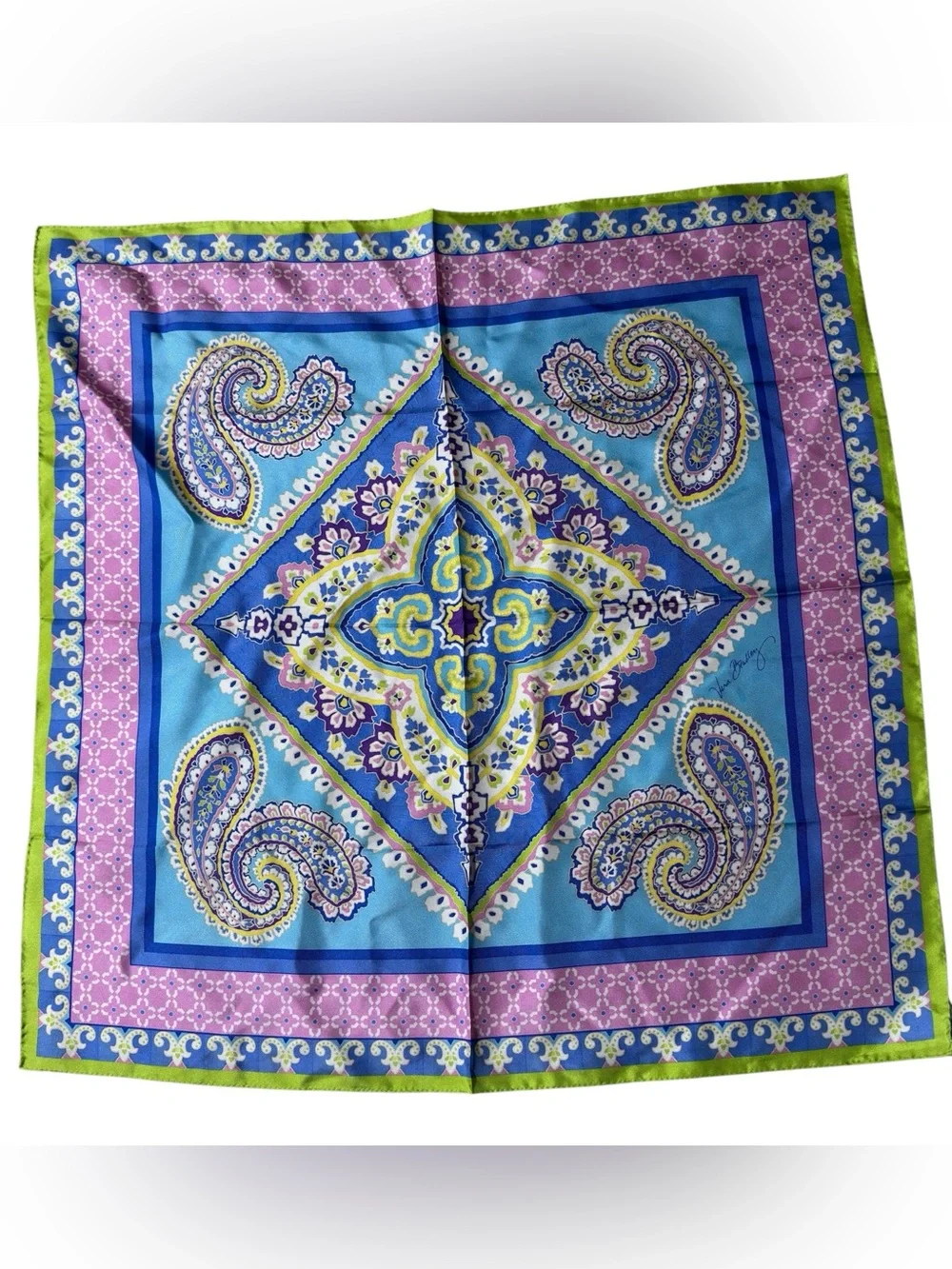 Vera Bradley 100% Silk Square Scarf 27” Paisley Blue Green Pink